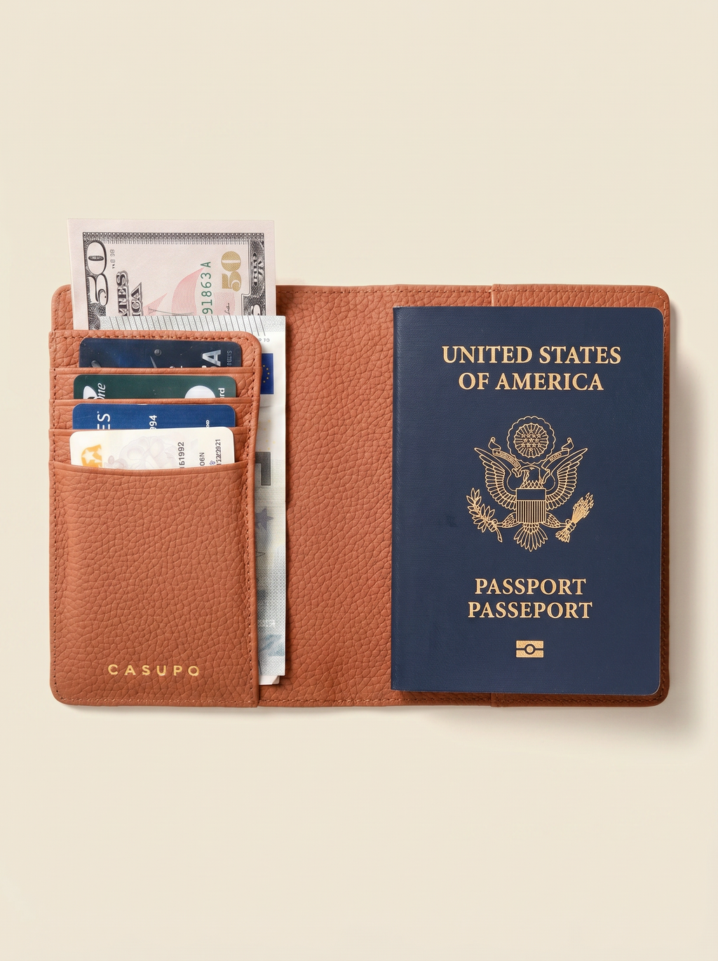 CASUPO Full-Grain Leather RFID Passport Wallet – Tan
