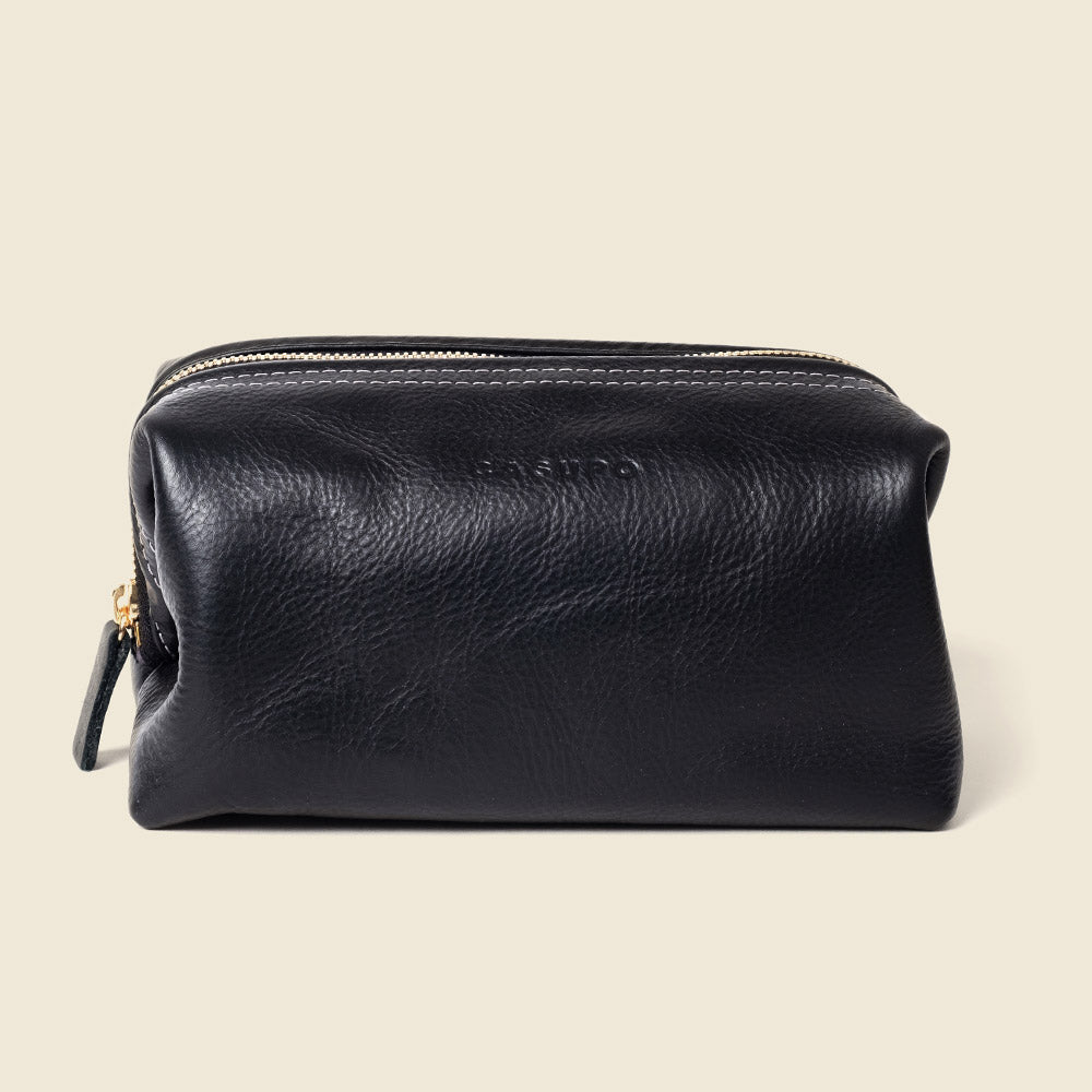 CASUPO black full-grain leather toiletry bag, front view